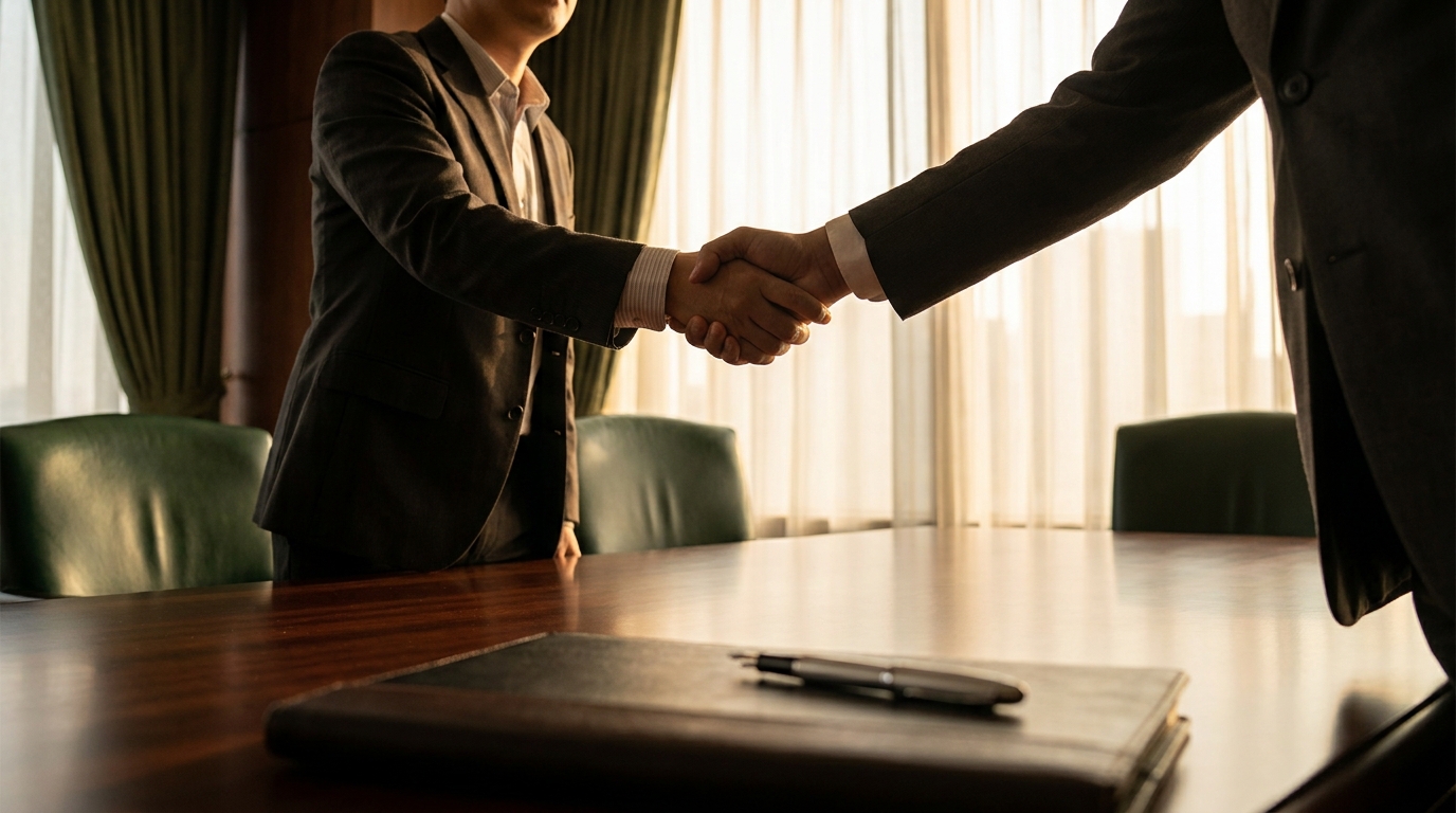 Two professionals shaking hands across a conference table.