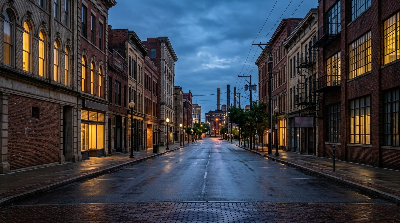 Akron business district, atmospheric editorial photograph.