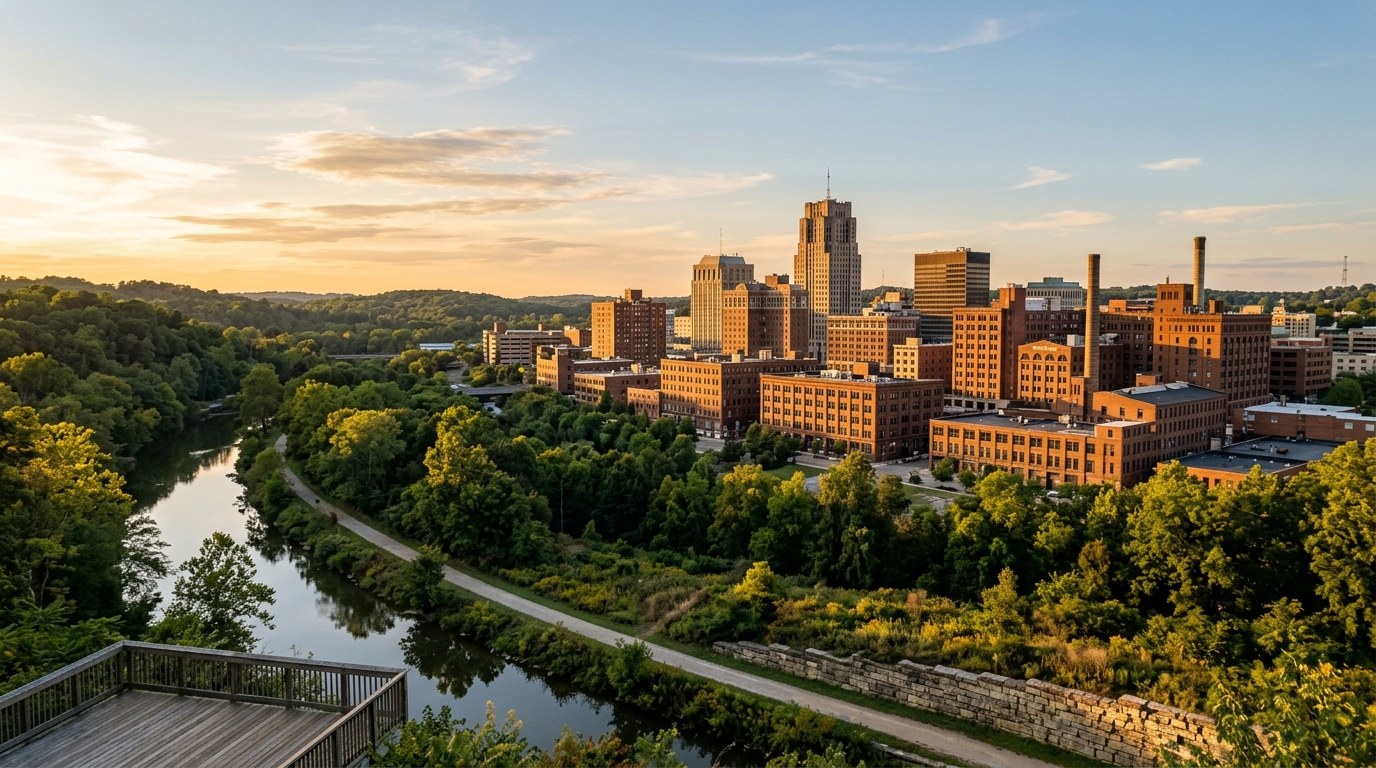 Akron, OH skyline, editorial photograph.