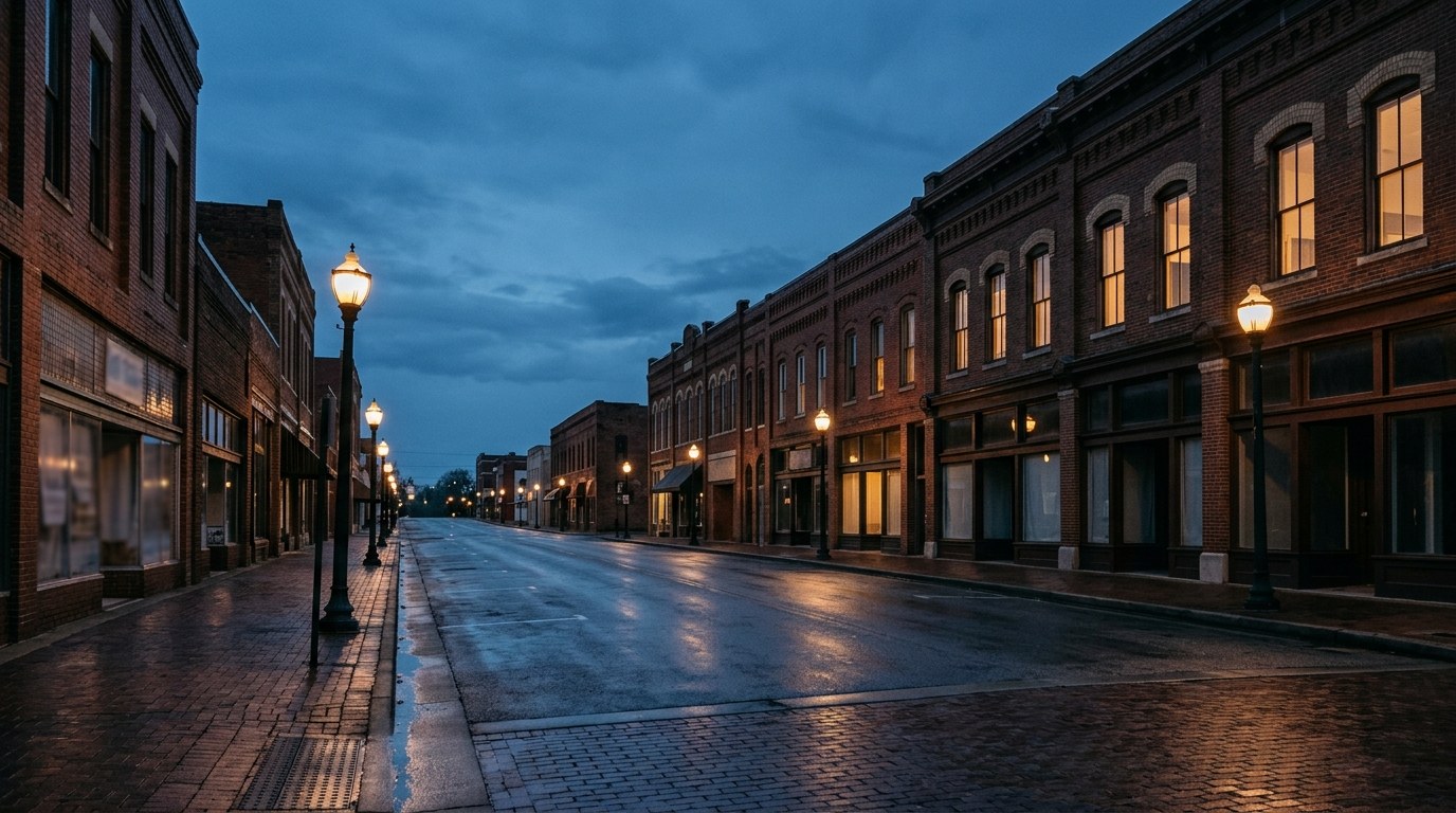 Anniston business district, atmospheric editorial photograph.