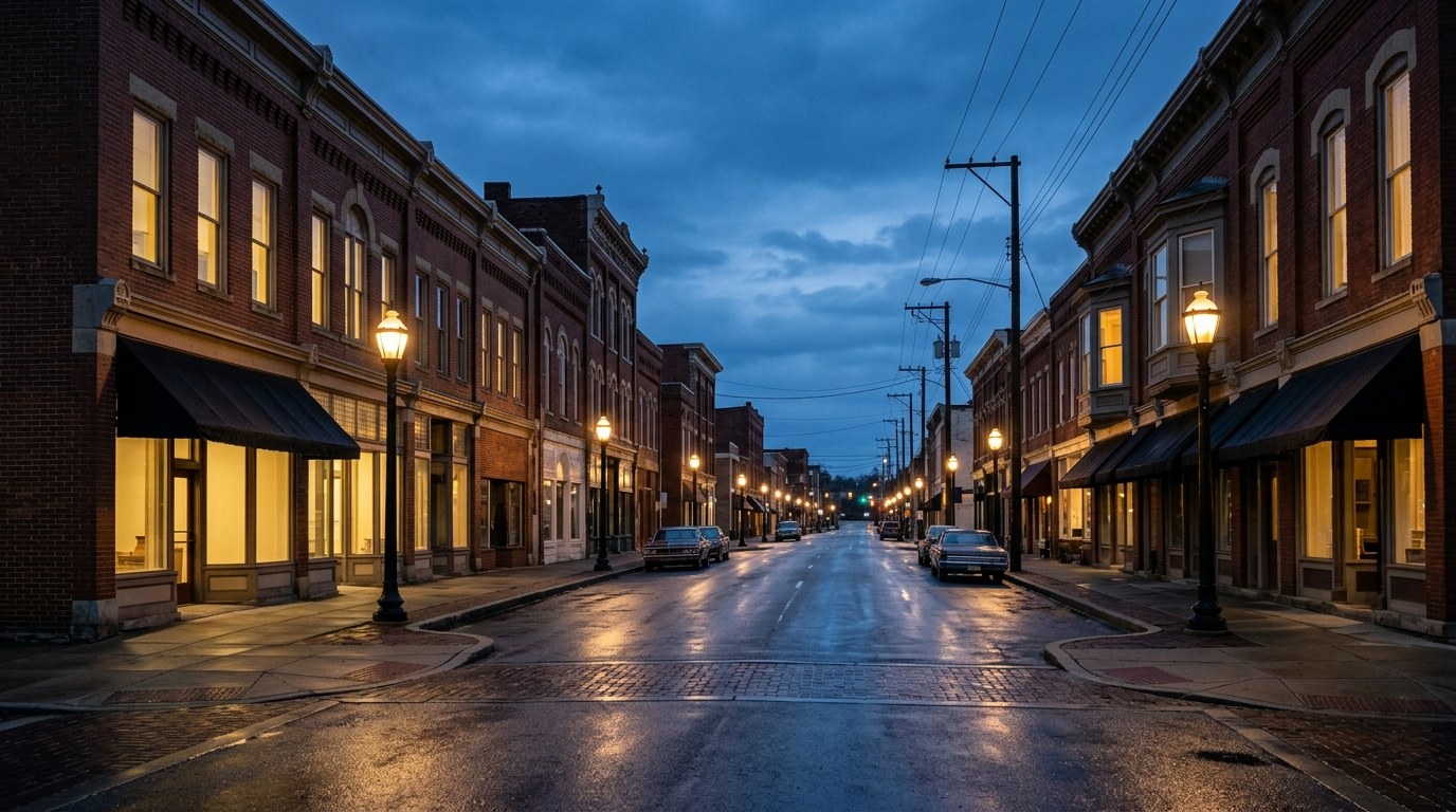 Ashland business district, atmospheric editorial photograph.