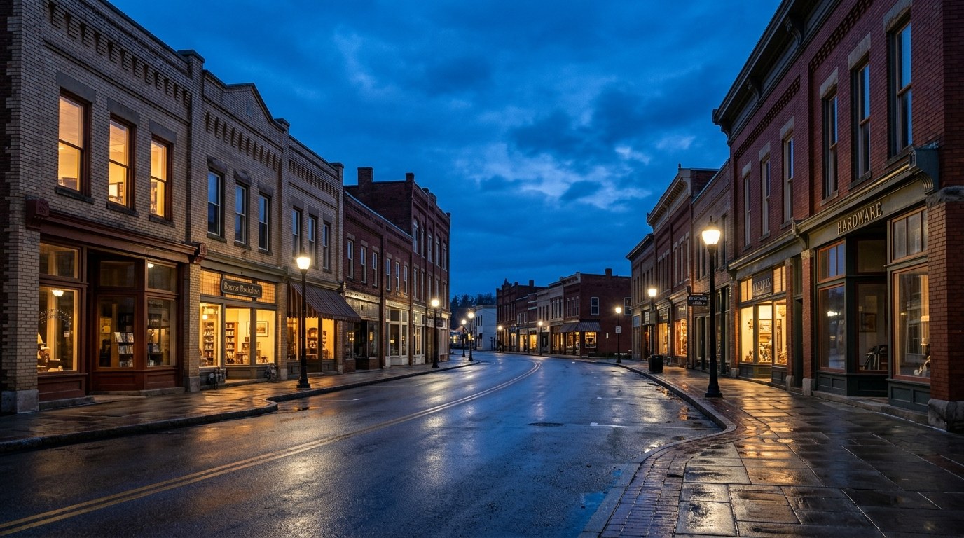 Beaver County business district, atmospheric editorial photograph.