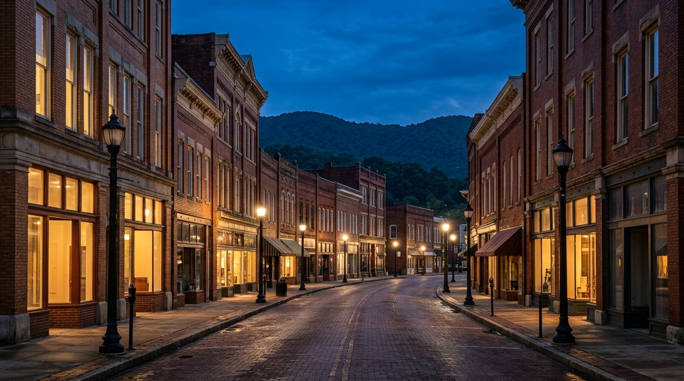 Beckley business district, atmospheric editorial photograph.