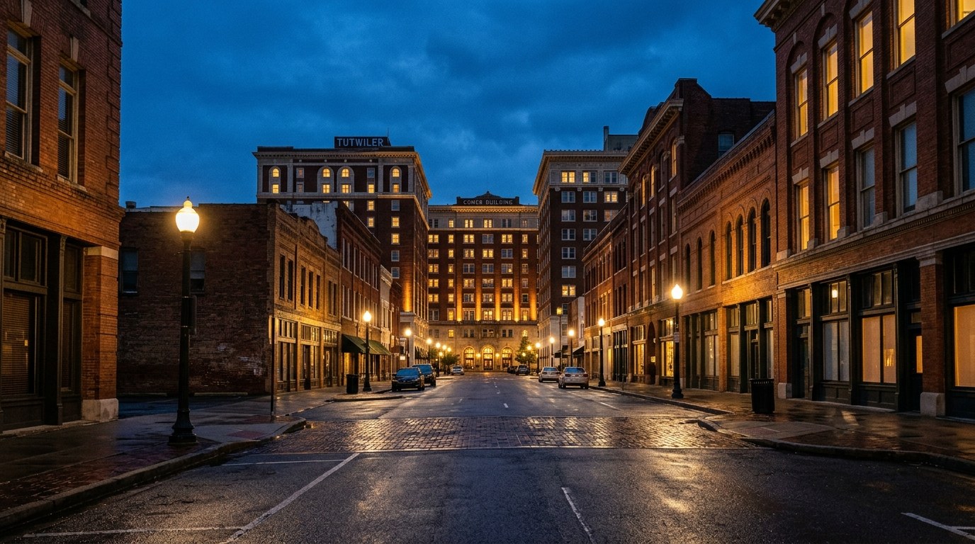 Birmingham business district, atmospheric editorial photograph.
