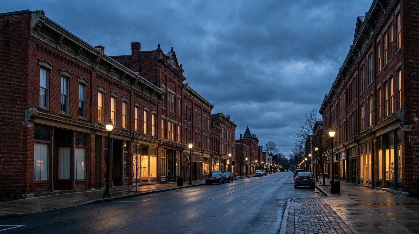 Bloomsburg business district, atmospheric editorial photograph.