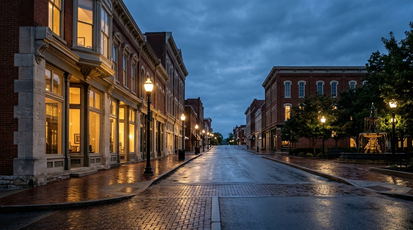 Bowling Green business district, atmospheric editorial photograph.