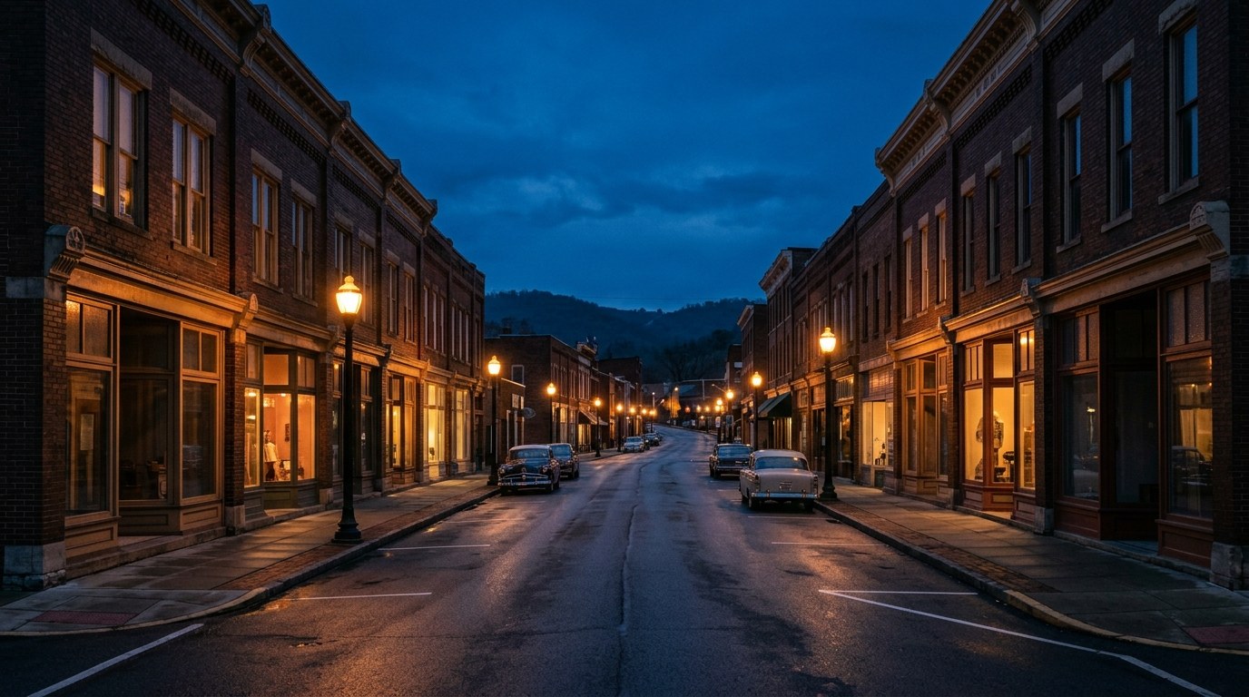 Bridgeport business district, atmospheric editorial photograph.
