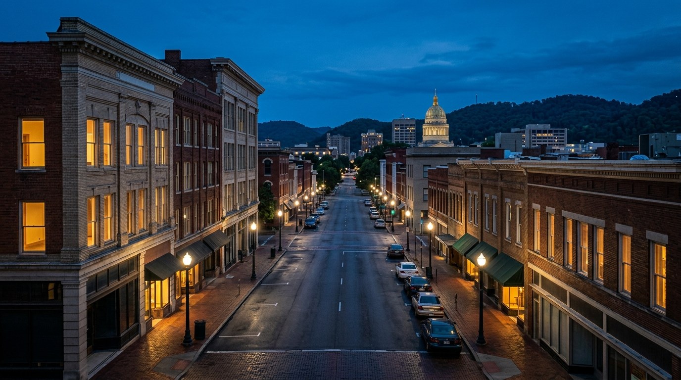 Charleston business district, atmospheric editorial photograph.