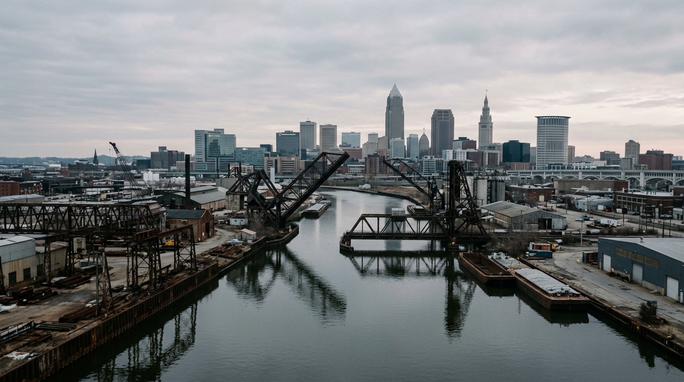 Cleveland business district, atmospheric editorial photograph.