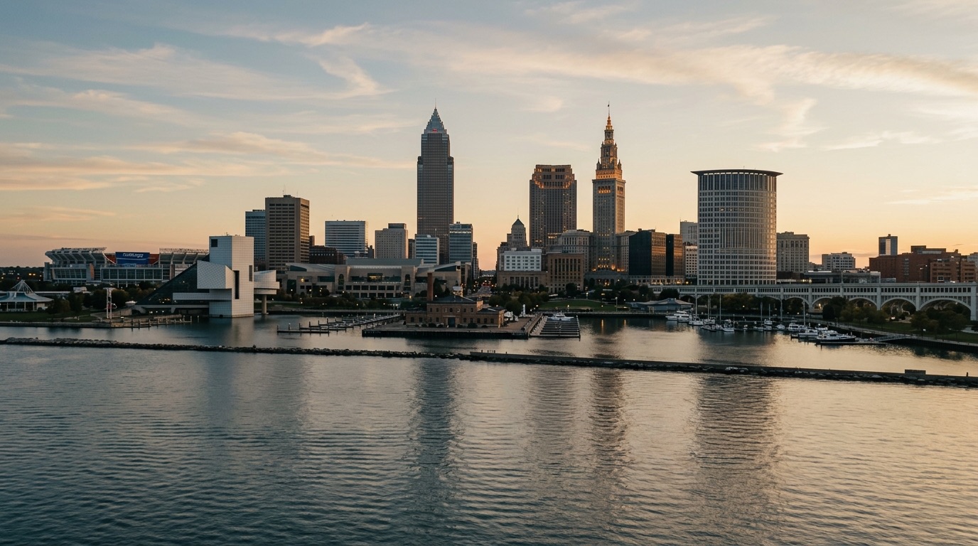Cleveland, OH skyline, editorial photograph.