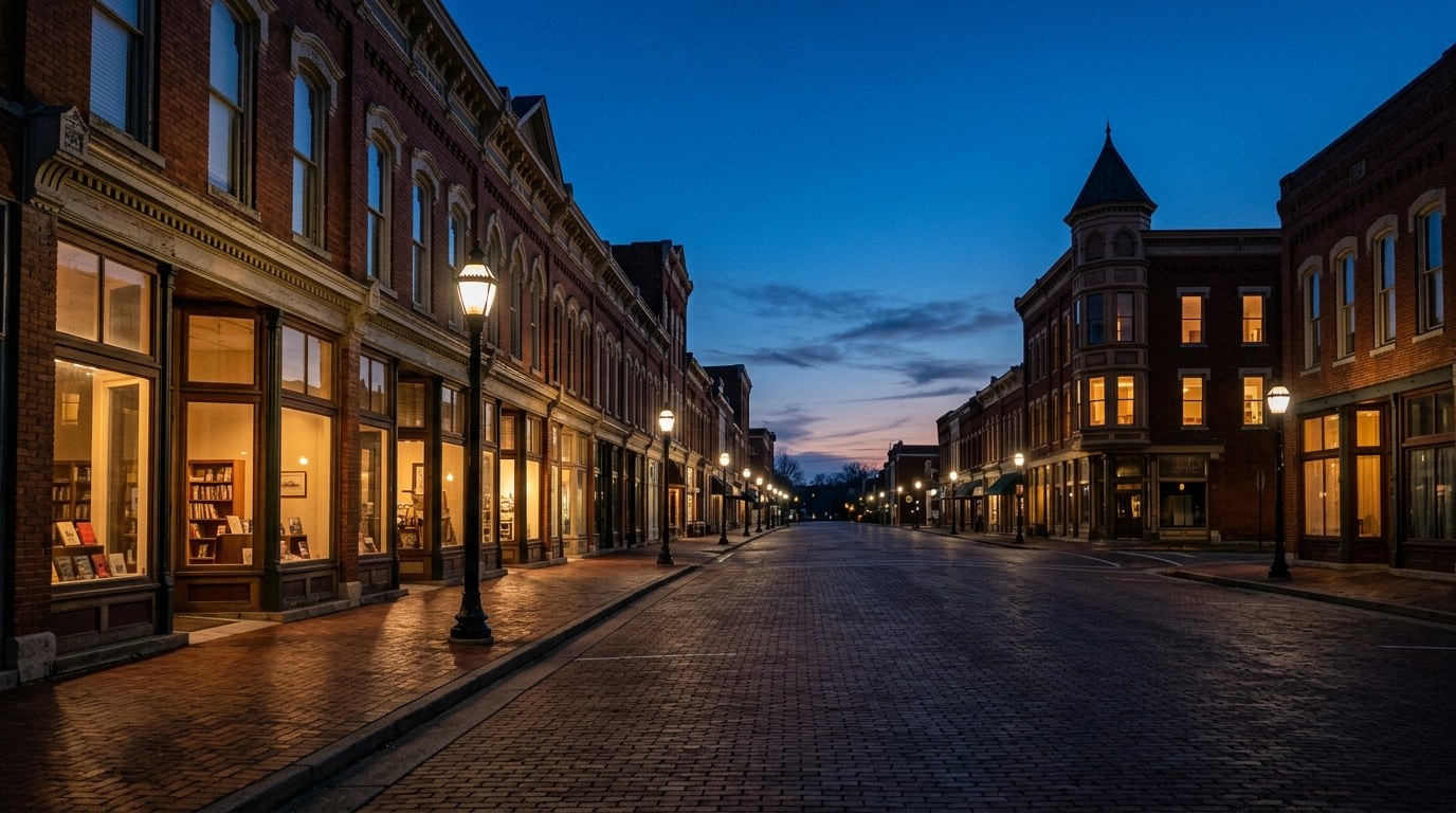 Elizabethtown business district, atmospheric editorial photograph.