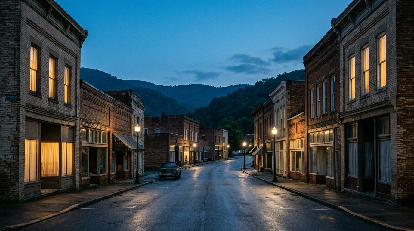 Fayetteville business district, atmospheric editorial photograph.
