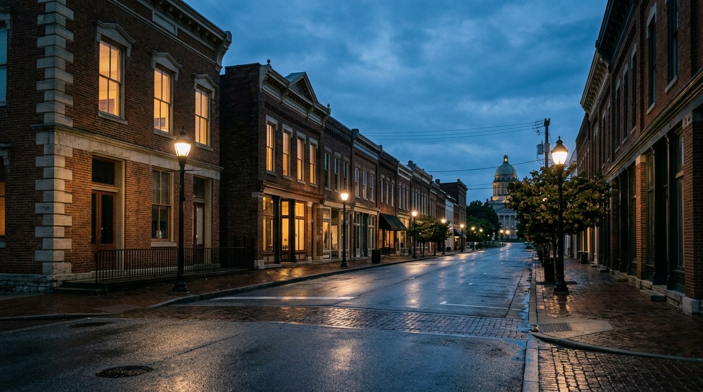 Frankfort business district, atmospheric editorial photograph.