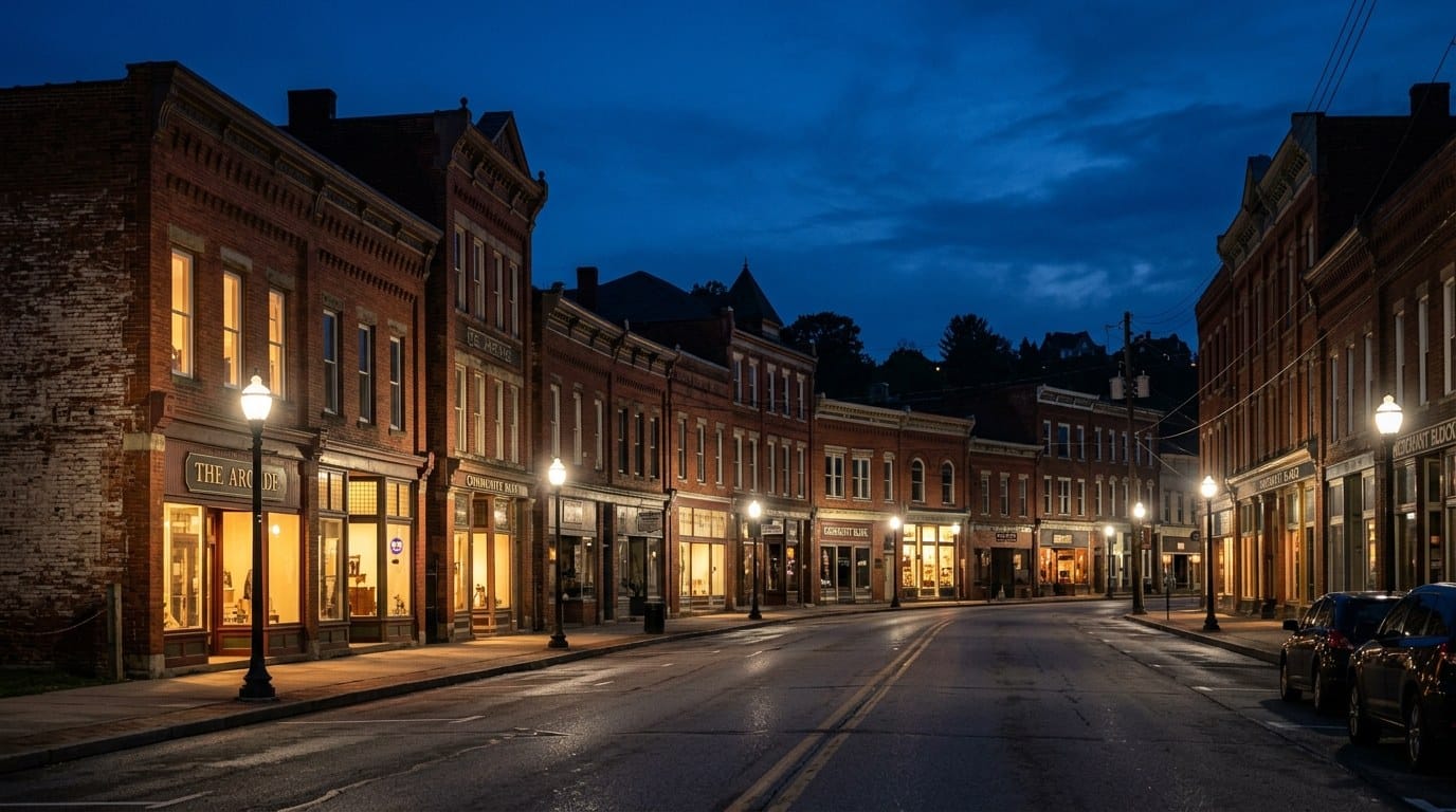 Greene County business district, atmospheric editorial photograph.