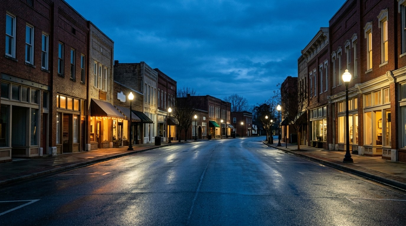 Hamilton business district, atmospheric editorial photograph.
