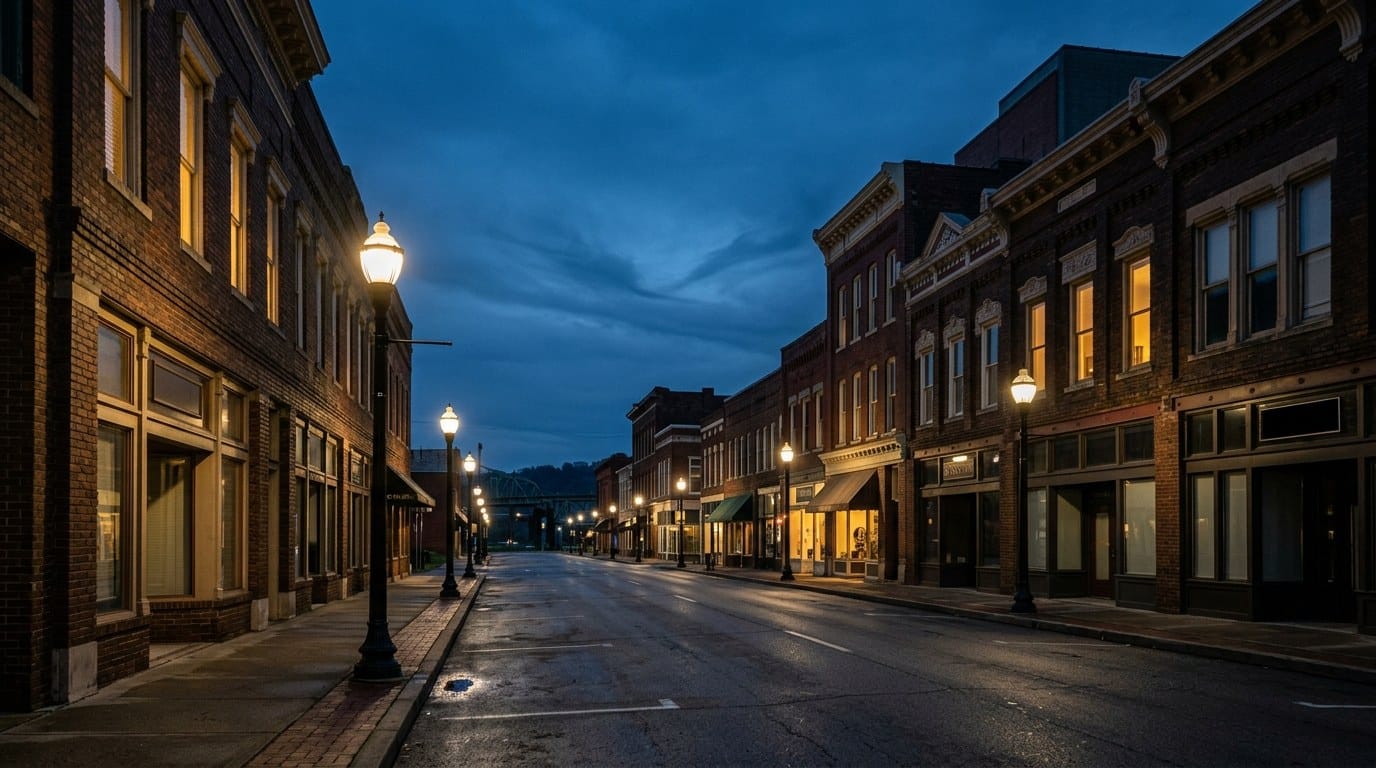 Huntington business district, atmospheric editorial photograph.