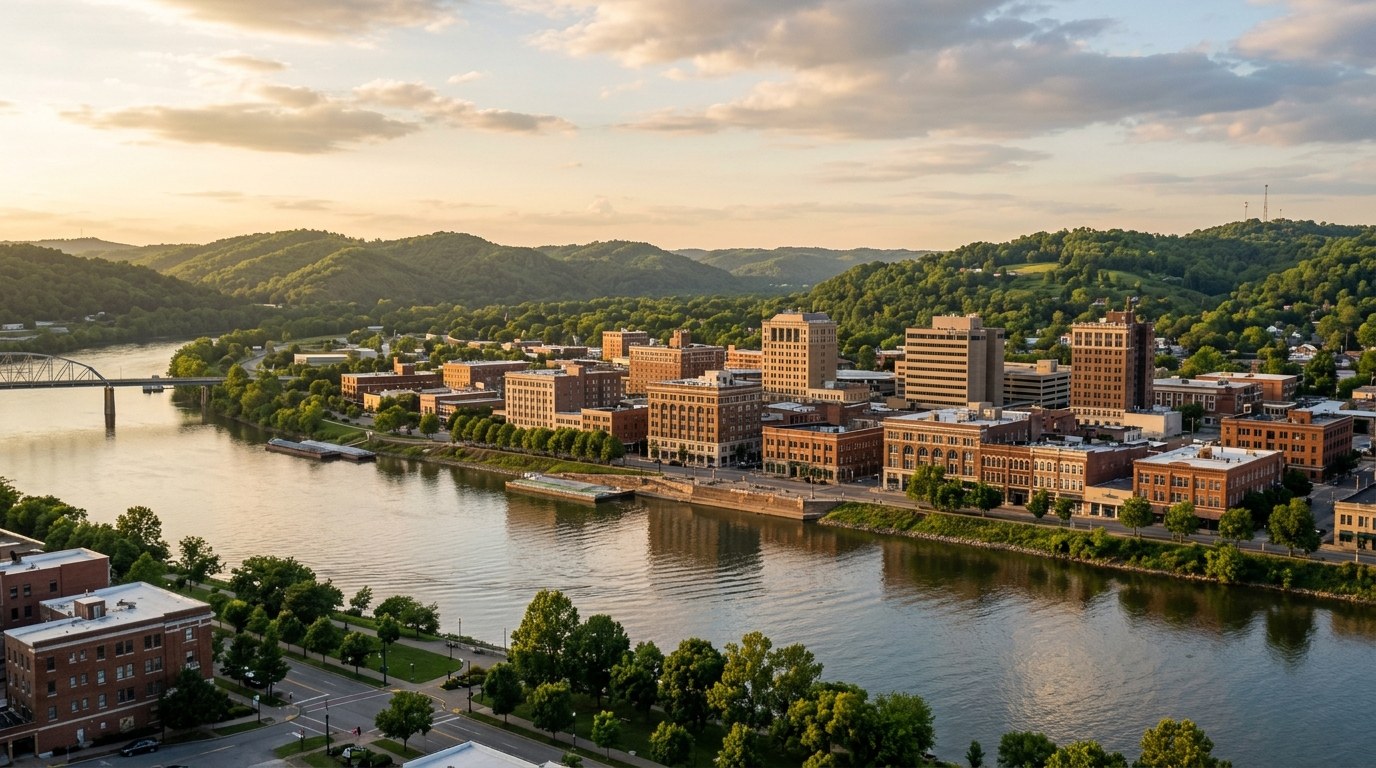 Huntington, WV skyline, editorial photograph.