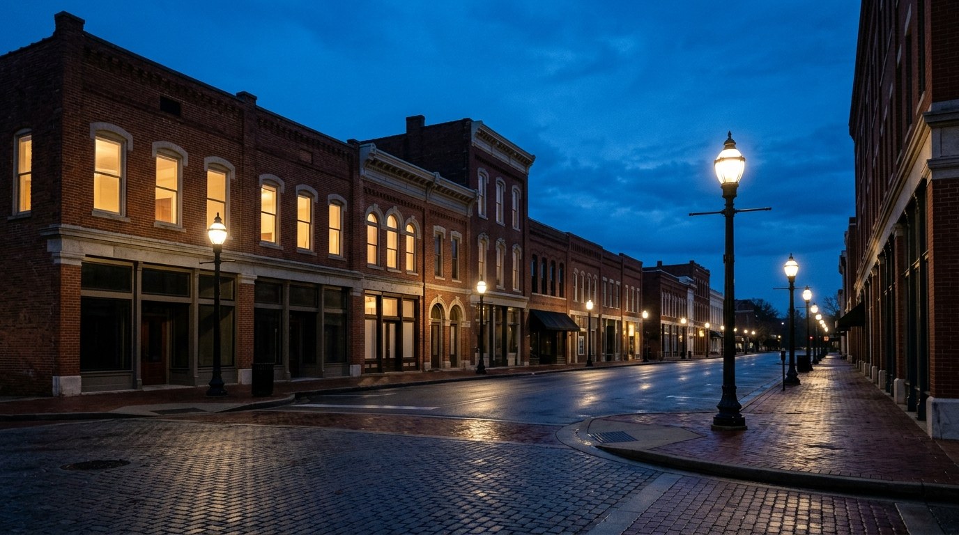 Huntsville business district, atmospheric editorial photograph.