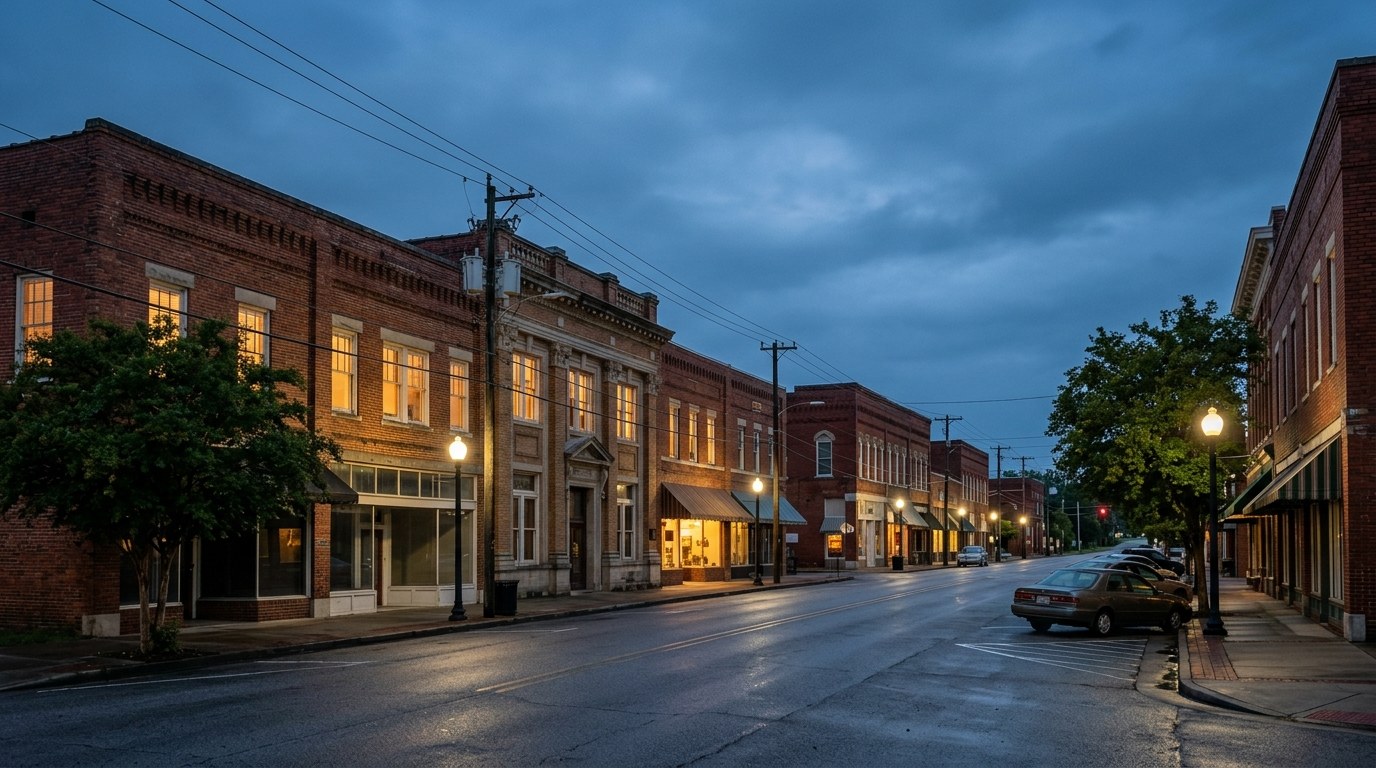 Jasper business district, atmospheric editorial photograph.