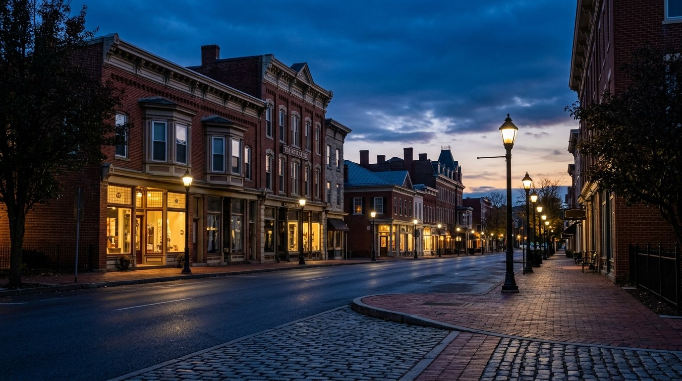 Lewisburg business district, atmospheric editorial photograph.