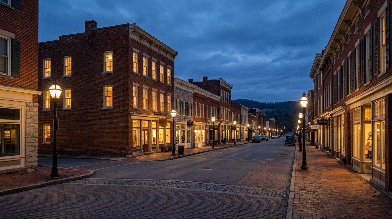 Lewisburg business district, atmospheric editorial photograph.