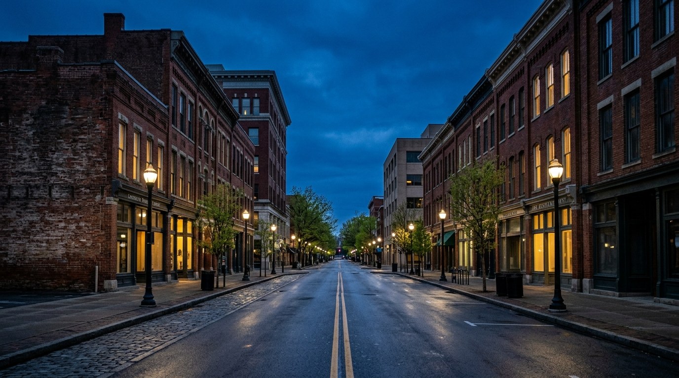 Lexington business district, atmospheric editorial photograph.