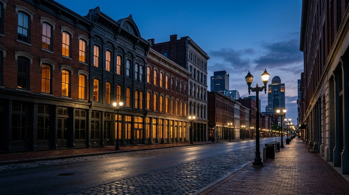 Louisville business district, atmospheric editorial photograph.