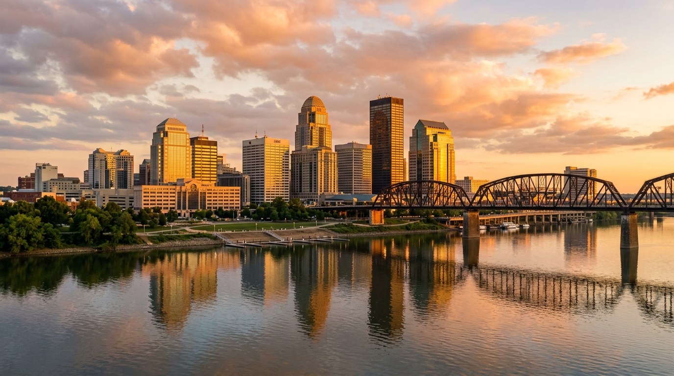 Louisville, KY skyline, editorial photograph.