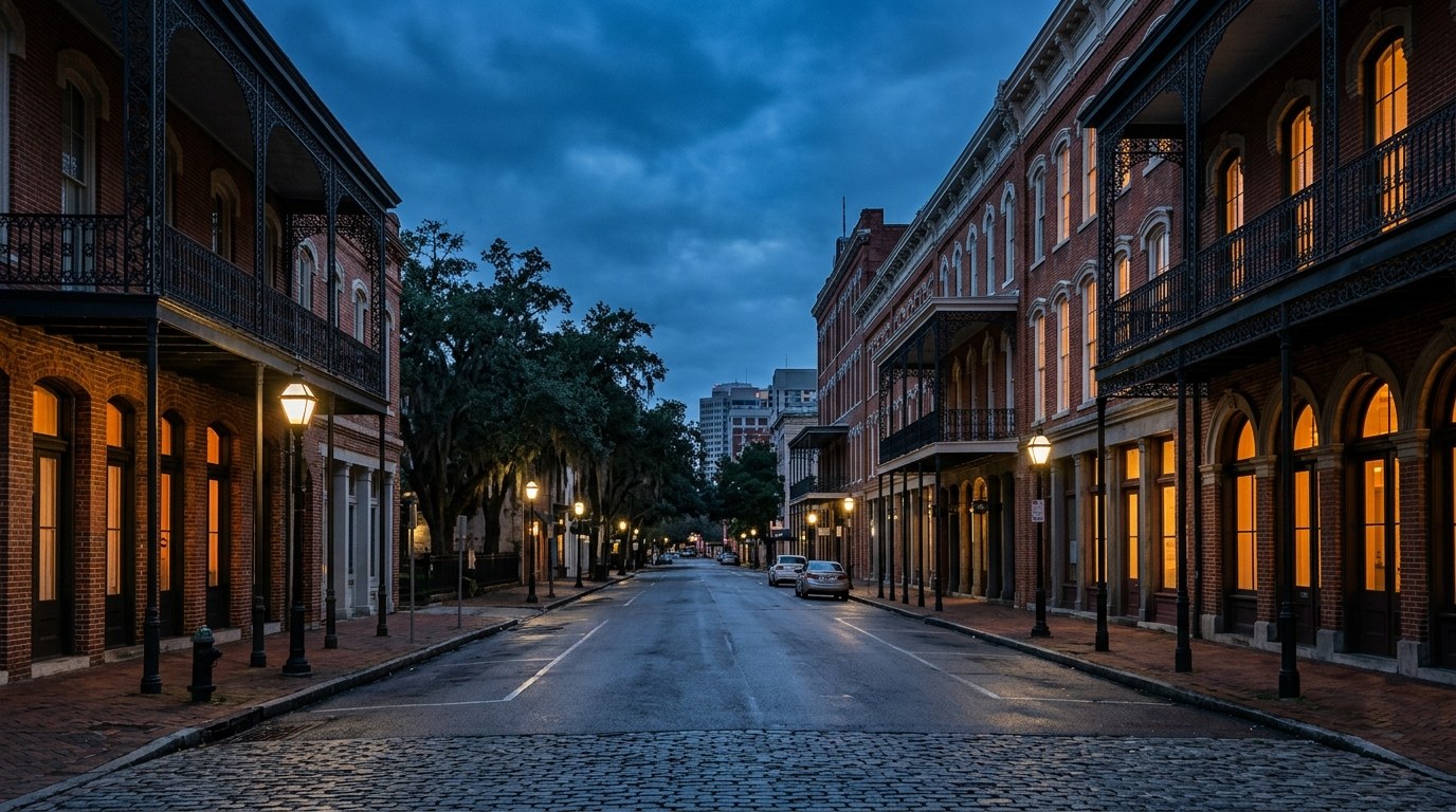 Mobile business district, atmospheric editorial photograph.