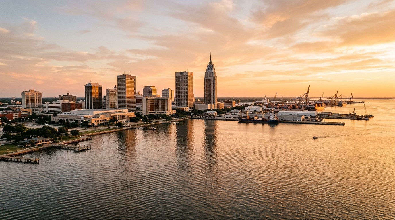 Mobile, AL skyline, editorial photograph.