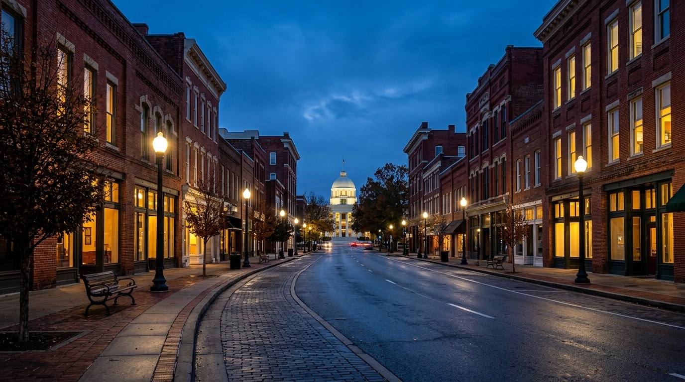 Montgomery business district, atmospheric editorial photograph.