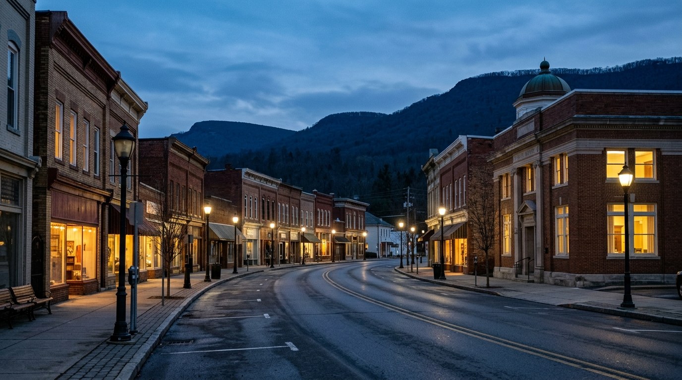 Moorefield business district, atmospheric editorial photograph.