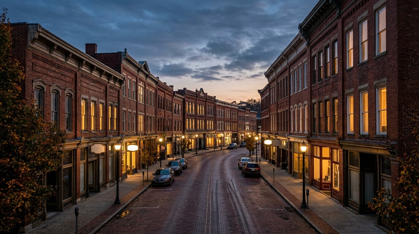Morgantown business district, atmospheric editorial photograph.