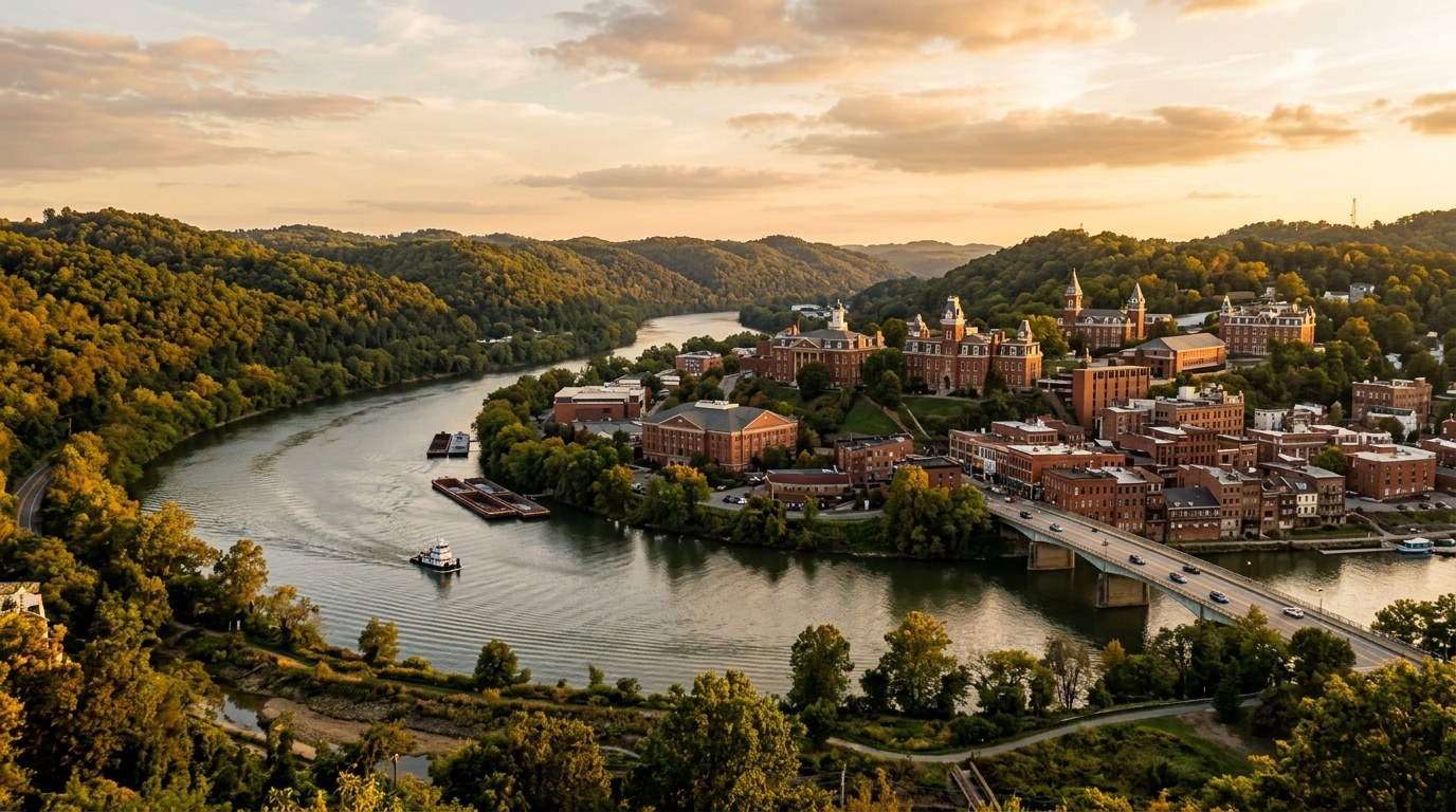 Morgantown, WV skyline, editorial photograph.