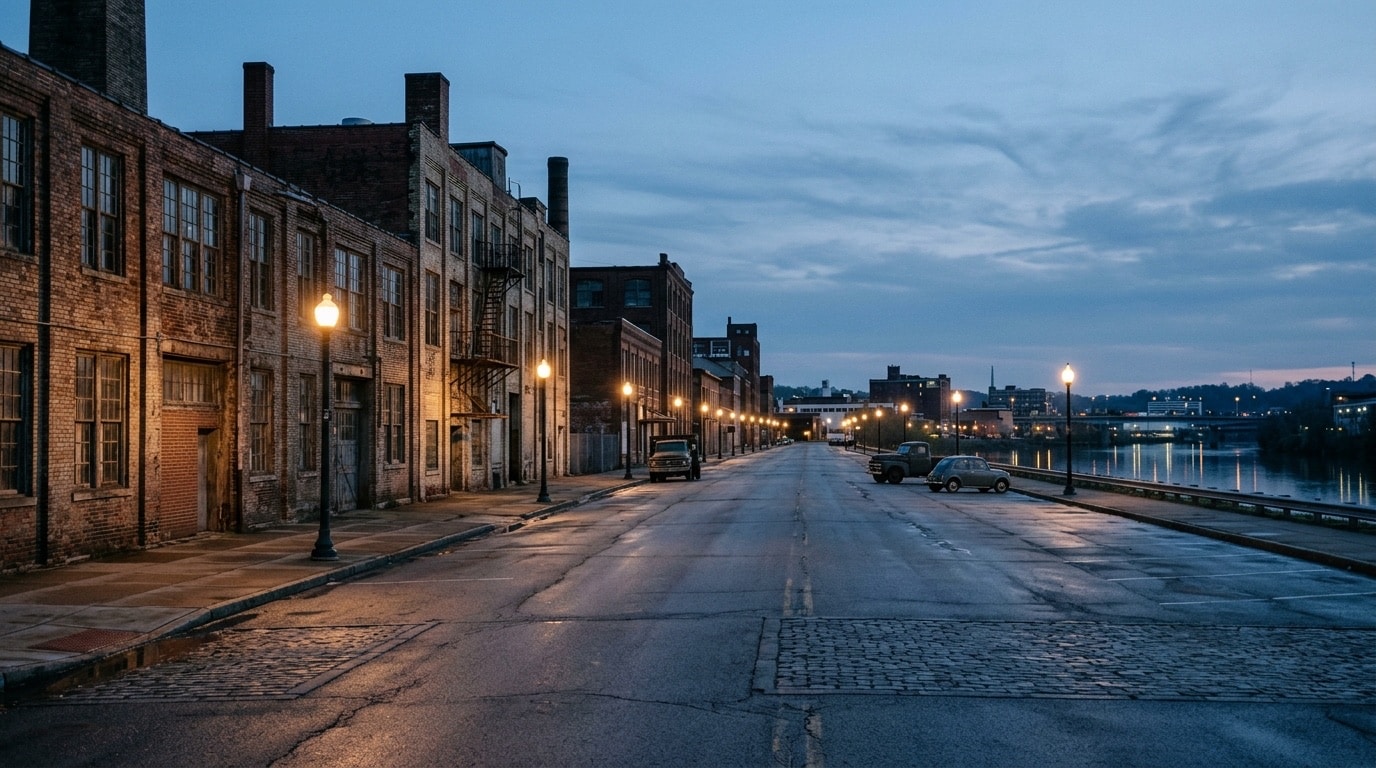 New Castle business district, atmospheric editorial photograph.