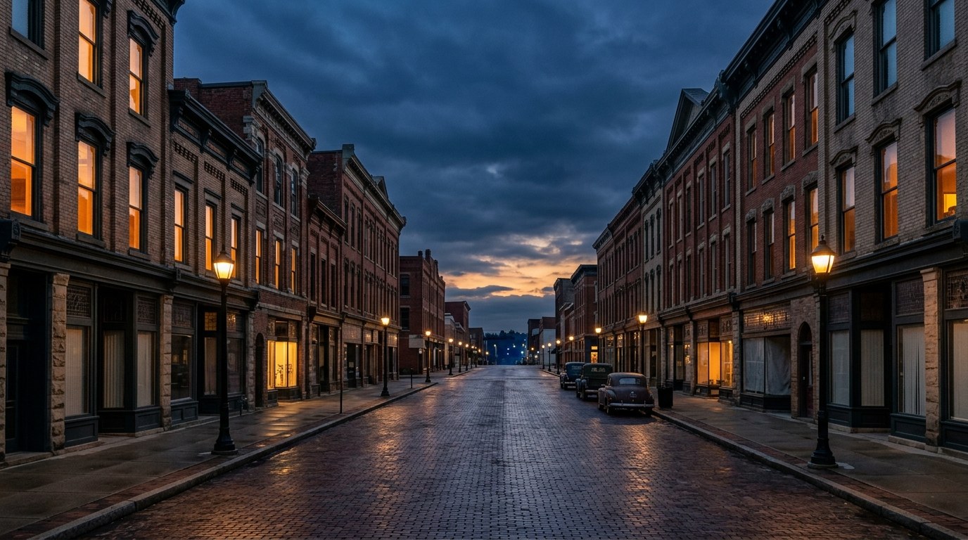 Oil City business district, atmospheric editorial photograph.