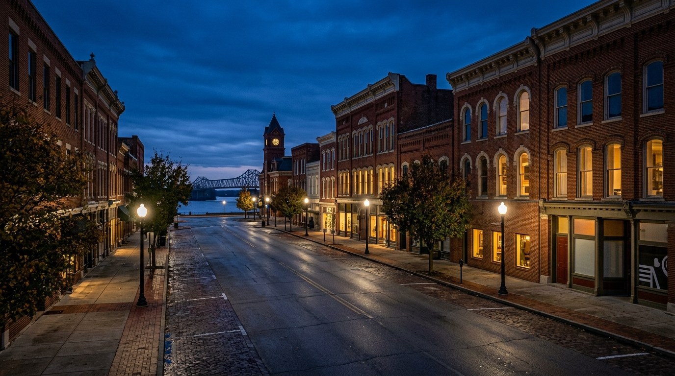 Owensboro business district, atmospheric editorial photograph.