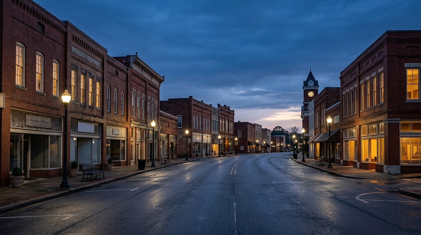 Ozark business district, atmospheric editorial photograph.