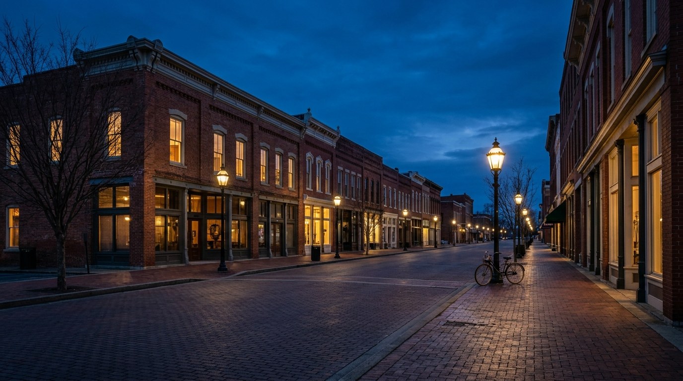 Paducah business district, atmospheric editorial photograph.