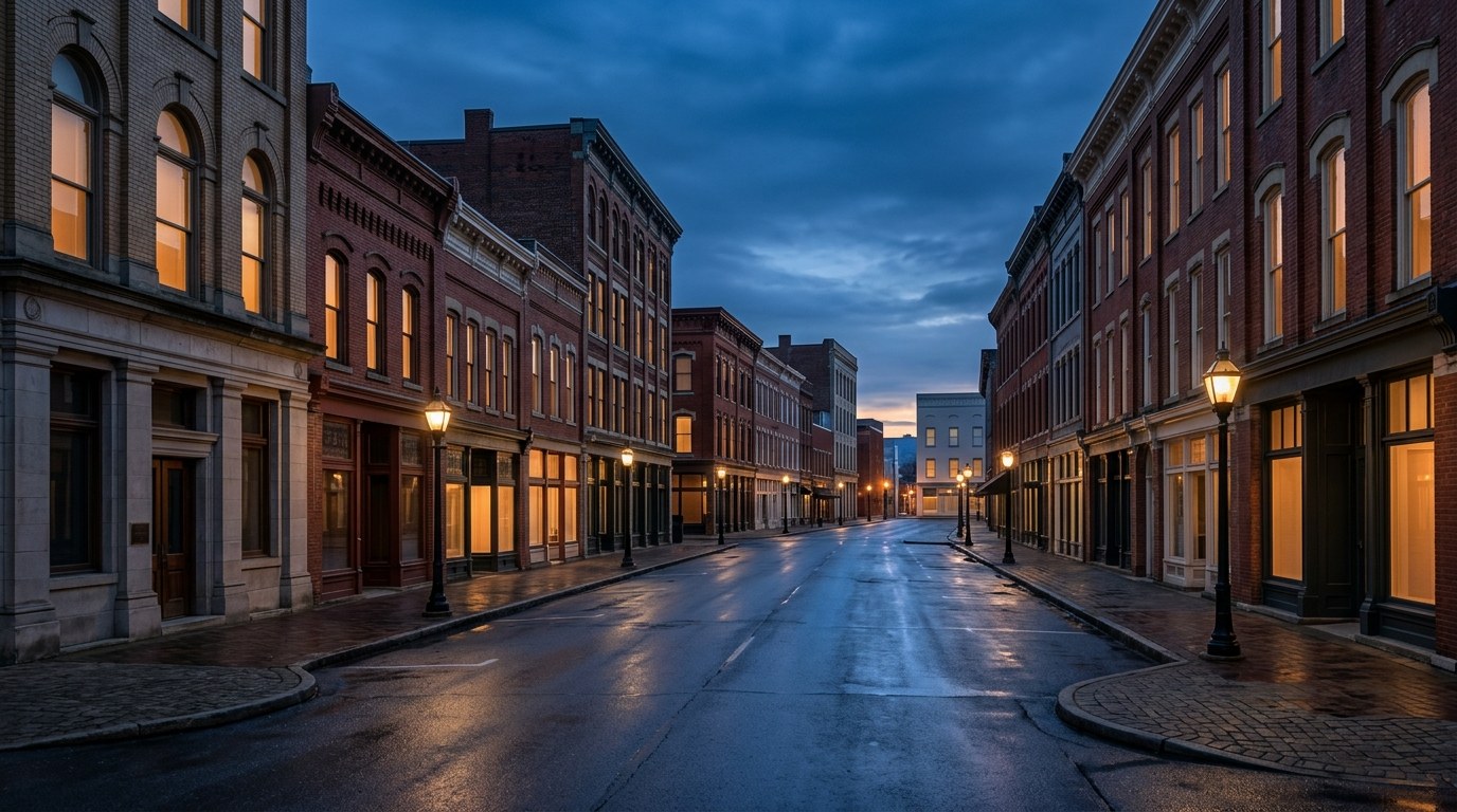Parkersburg business district, atmospheric editorial photograph.