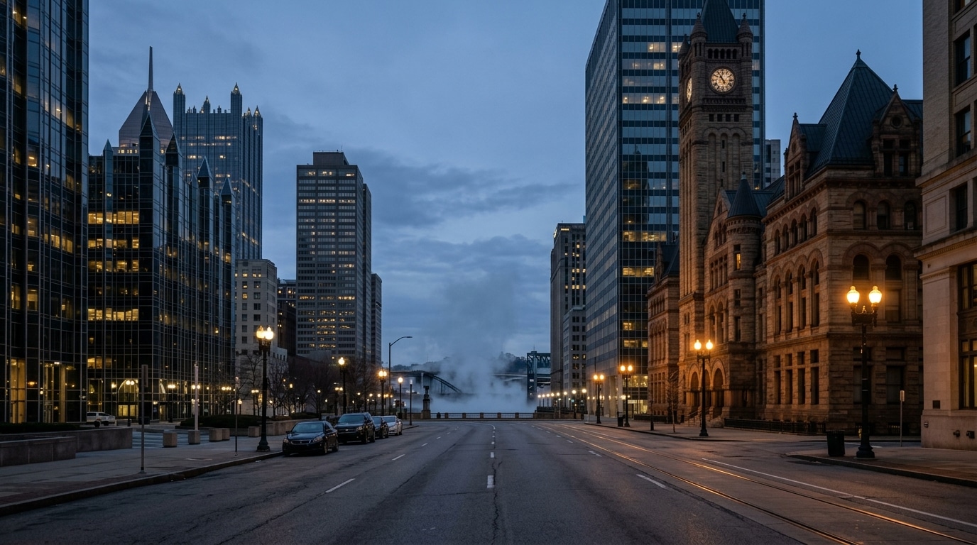 Pittsburgh business district, atmospheric editorial photograph.