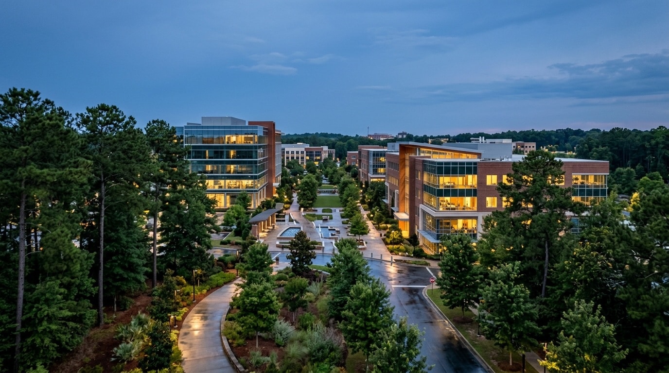 Rock Hill business district, atmospheric editorial photograph.