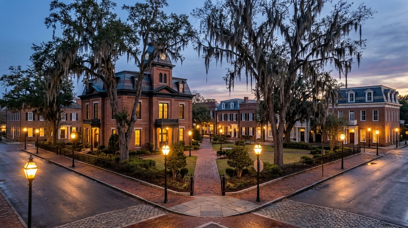 Summerville business district, atmospheric editorial photograph.