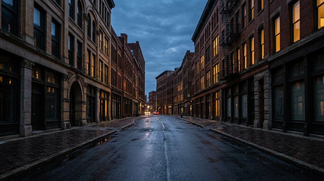 Toledo business district, atmospheric editorial photograph.