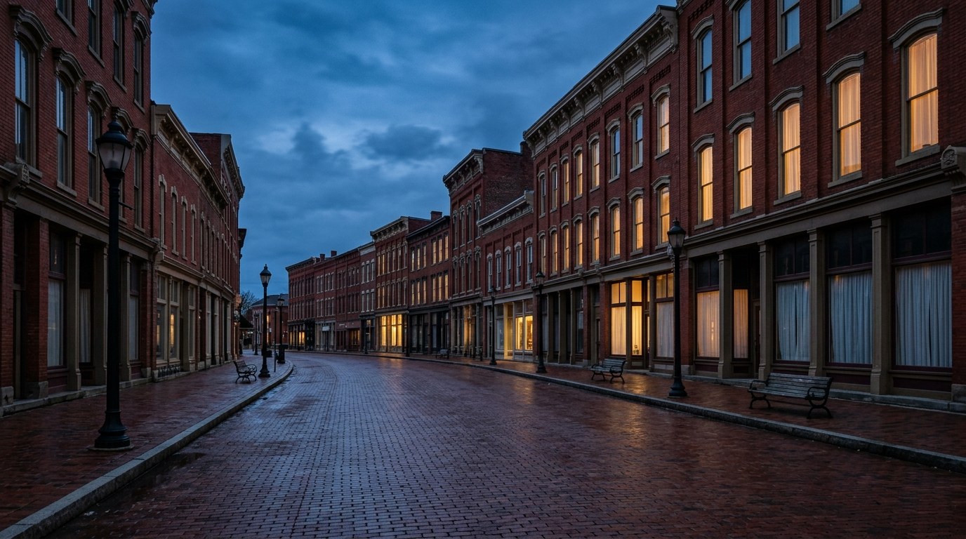 Washington County business district, atmospheric editorial photograph.