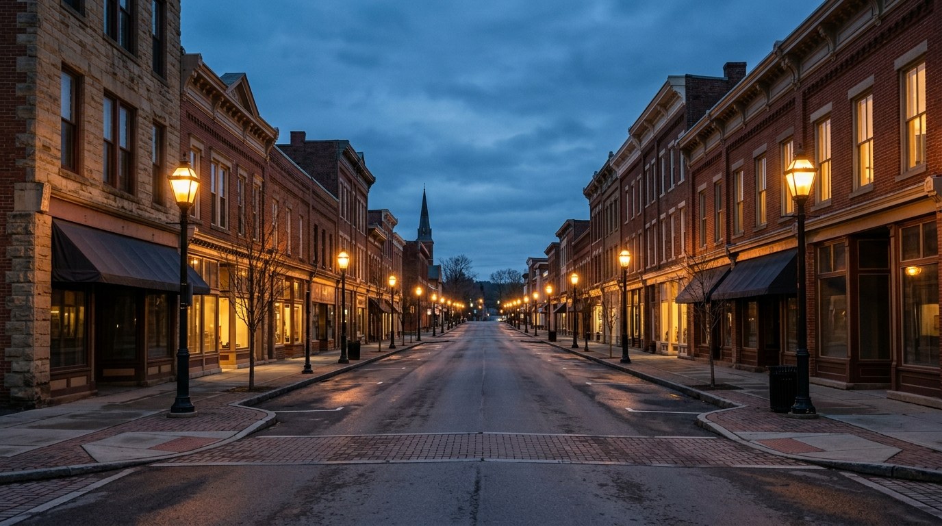 Wellsboro business district, atmospheric editorial photograph.