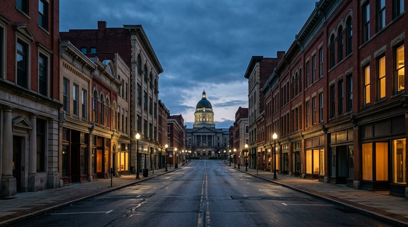 Westmoreland County business district, atmospheric editorial photograph.