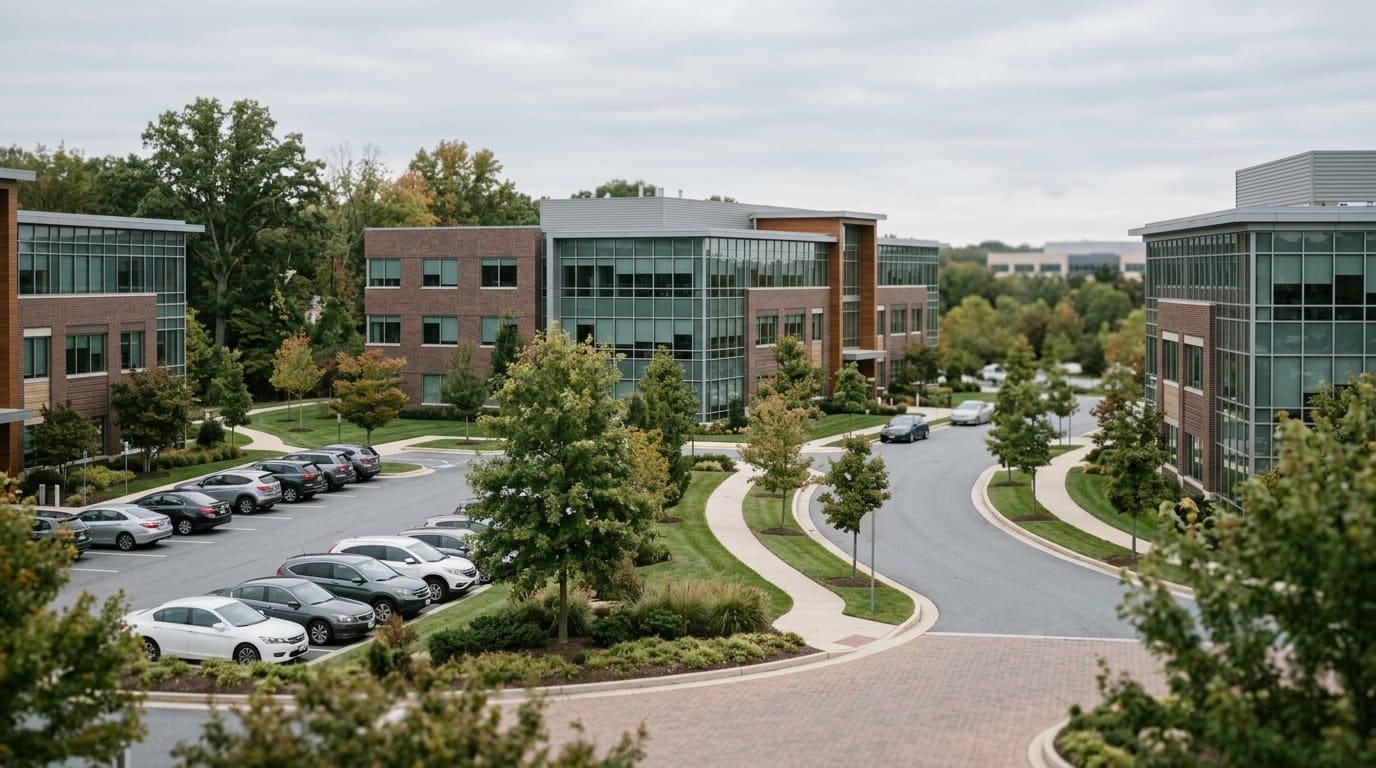 Baltimore County business district, atmospheric editorial photograph.