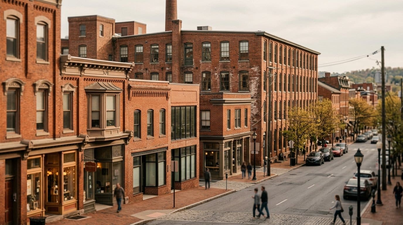 Berks County business district, atmospheric editorial photograph.