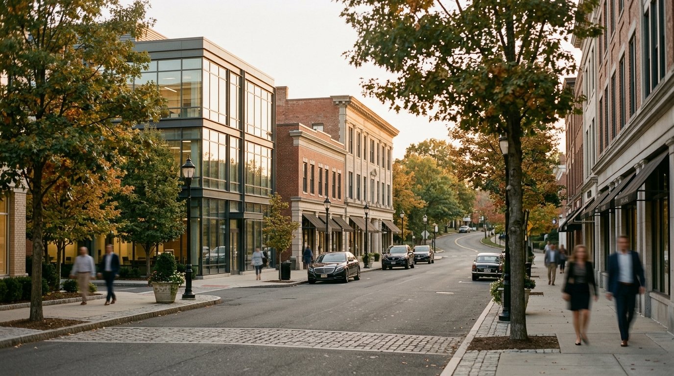 Fairfield County business district, atmospheric editorial photograph.